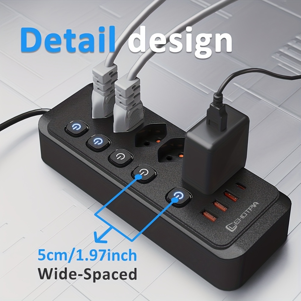 Multiprise 9 en 1 2500W avec 5 prises AC avec interrupteurs boutons individuels et 4 ports USB dont 1 USB-C - Blanc