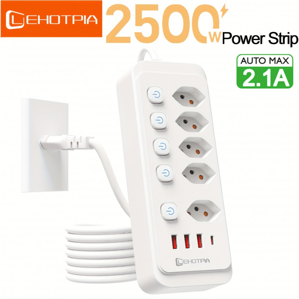 Multiprise 9 en 1 2500W avec 5 prises AC avec interrupteurs boutons individuels et 4 ports USB dont 1 USB-C - Blanc