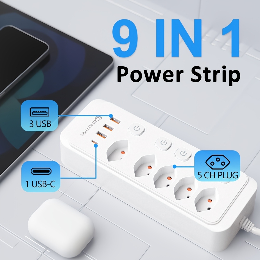 Multiprise 9 en 1 2500W avec 5 prises AC avec interrupteurs boutons individuels et 4 ports USB dont 1 USB-C - Blanc