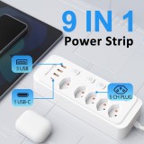 Multiprise 9 en 1 2500W avec 5 prises AC avec interrupteurs boutons individuels et 4 ports USB dont 1 USB-C - Blanc