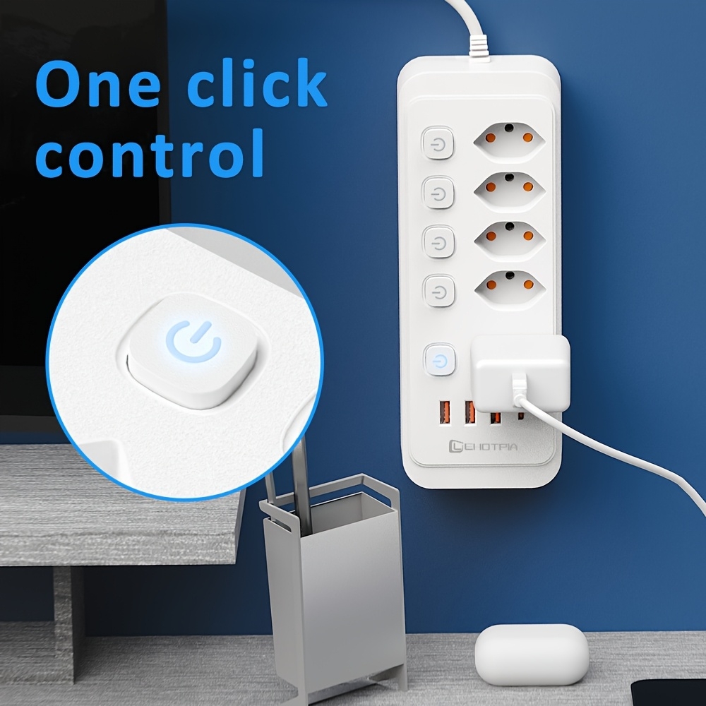 Multiprise 9 en 1 2500W avec 5 prises AC avec interrupteurs boutons individuels et 4 ports USB dont 1 USB-C - Blanc