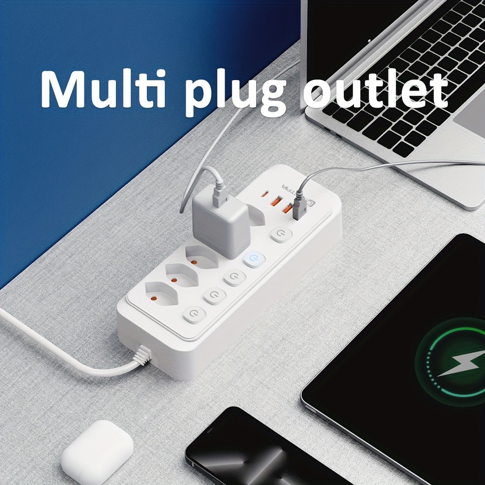 Multiprise 9 en 1 2500W avec 5 prises AC avec interrupteurs boutons individuels et 4 ports USB dont 1 USB-C - Blanc