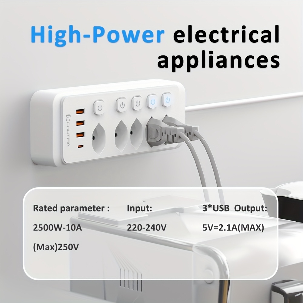 Multiprise 9 en 1 2500W avec 5 prises AC avec interrupteurs boutons individuels et 4 ports USB dont 1 USB-C - Blanc