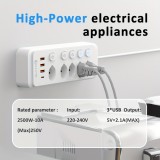 Multiprise 9 en 1 2500W avec 5 prises AC avec interrupteurs boutons individuels et 4 ports USB dont 1 USB-C - Blanc