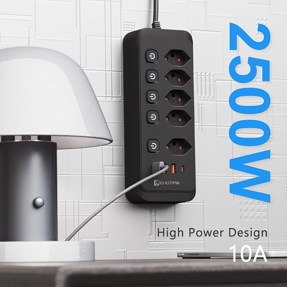 Multiprise 9 en 1 2500W avec 5 prises AC avec interrupteurs boutons individuels et 4 ports USB dont 1 USB-C - Blanc