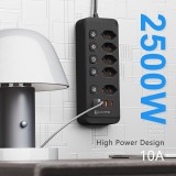 Multiprise 9 en 1 2500W avec 5 prises AC avec interrupteurs boutons individuels et 4 ports USB dont 1 USB-C - Blanc