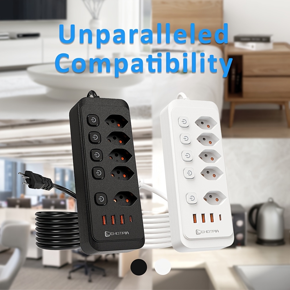Multiprise 9 en 1 2500W avec 5 prises AC avec interrupteurs boutons individuels et 4 ports USB dont 1 USB-C - Blanc