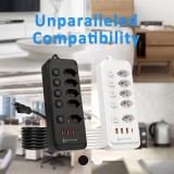 Multiprise 9 en 1 2500W avec 5 prises AC avec interrupteurs boutons individuels et 4 ports USB dont 1 USB-C - Blanc