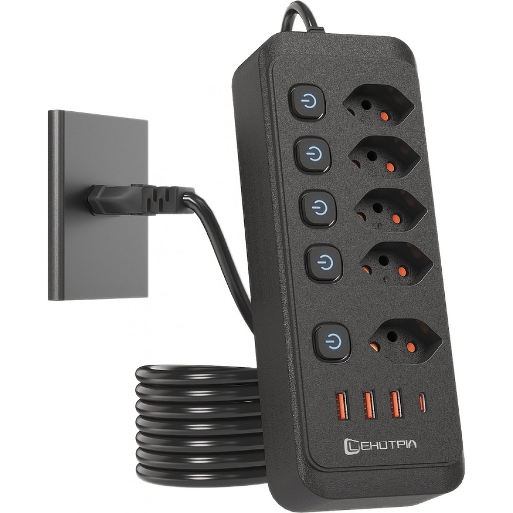 Multiprise 9 en 1 2500W avec 5 prises AC avec interrupteurs boutons individuels et 4 ports USB dont 1 USB-C - Noir