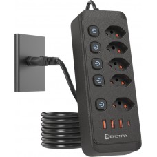 Multiprise 9 en 1 2500W avec 5 prises AC avec interrupteurs boutons individuels et 4 ports USB dont 1 USB-C - Noir