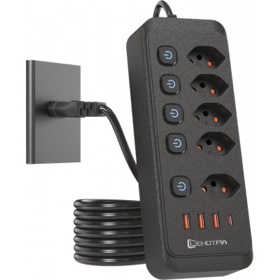 Multiprise 9 en 1 2500W avec 5 prises AC avec interrupteurs boutons individuels et 4 ports USB dont 1 USB-C - Noir