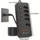 Multiprise 9 en 1 2500W avec 5 prises AC avec interrupteurs boutons individuels et 4 ports USB dont 1 USB-C - Noir