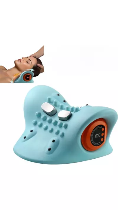 Oreiller support de nuque masseur acupression portable rechargeable pour cou et épaules - Bleu clair