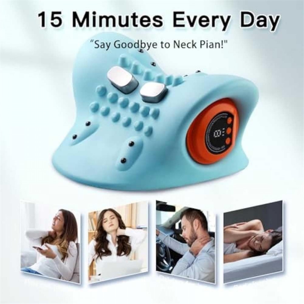 Oreiller support de nuque masseur acupression portable rechargeable pour cou et épaules - Bleu clair