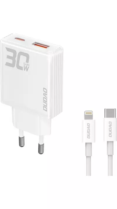 Pack chargeur mural 30W USB-A / USB-C GaN Dudao A30EUT avec câble USB-C vers Lightning iPhone - Blanc