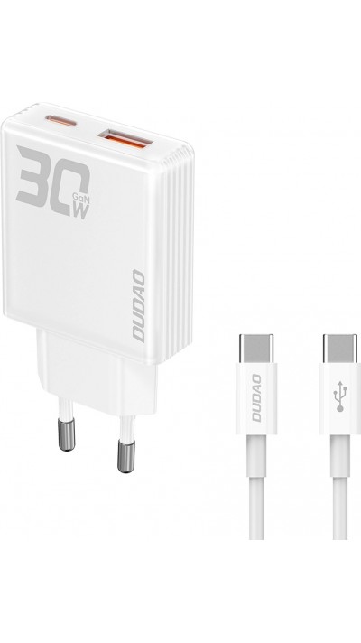 Pack chargeur mural 30W USB-A / USB-C GaN Dudao A30EUT avec câble USB-C vers USB-C - Blanc