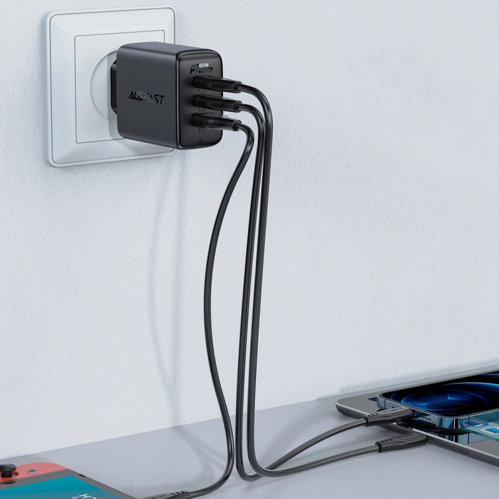 Pack chargeur mural 65W USB-C / USB-A rapide PD QC 3.0 avec câble USB-C (1.2 m) - Noir