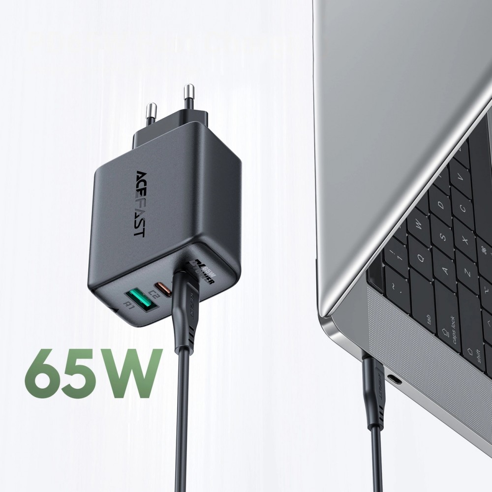 Pack chargeur mural 65W USB-C / USB-A rapide PD QC 3.0 avec câble USB-C (1.2 m) - Noir