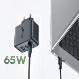 Pack chargeur mural 65W USB-C / USB-A rapide PD QC 3.0 avec câble USB-C (1.2 m) - Noir