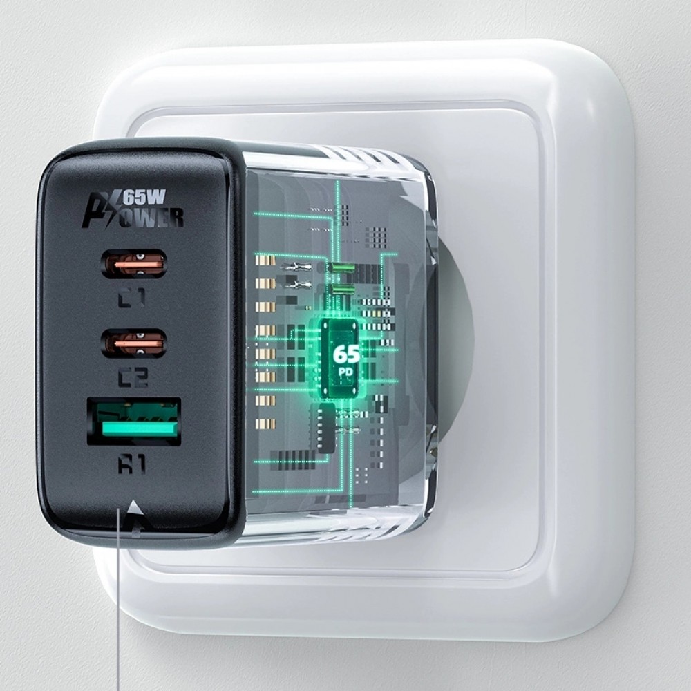 Pack chargeur mural 65W USB-C / USB-A rapide PD QC 3.0 avec câble USB-C (1.2 m) - Noir