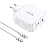 Pack chargeur mural et câble GaN Ugreen Nexode CD289 140W USB-A et 2xUSB-C avec câble USB-C vers USB-C 1.5m - Blanc