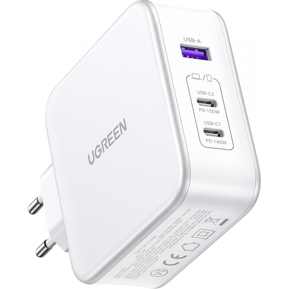 Pack chargeur mural et câble GaN Ugreen Nexode CD289 140W USB-A et 2xUSB-C avec câble USB-C vers USB-C 1.5m - Blanc
