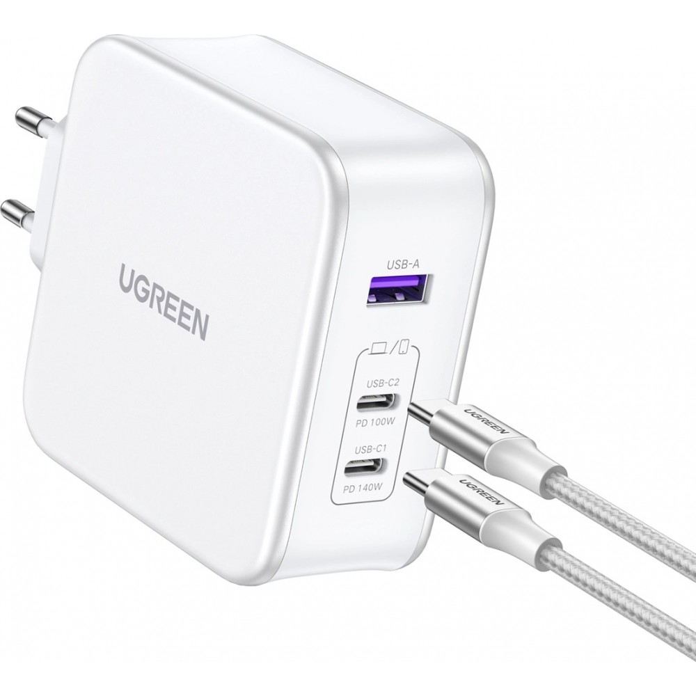 Pack chargeur mural et câble GaN Ugreen Nexode CD289 140W USB-A et 2xUSB-C avec câble USB-C vers USB-C 1.5m - Blanc