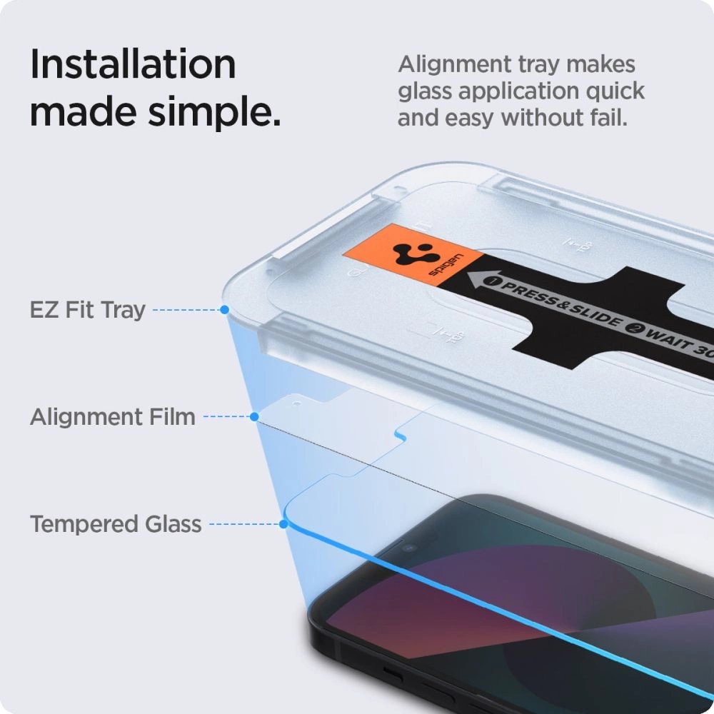 Pack de 2 vitres de protection Spigen Glas.tR EZ Fit avec système d'installation facile - iPhone 13 / 13 Pro / 14 / 16e