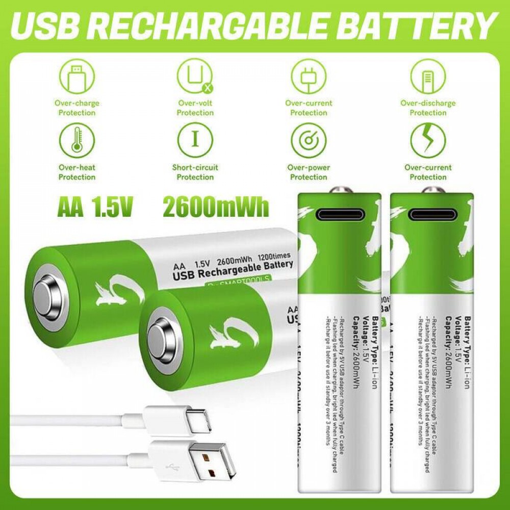 Pack de 4 piles AA Lithium-Ion rechargeables en USB-C (câble inclus)