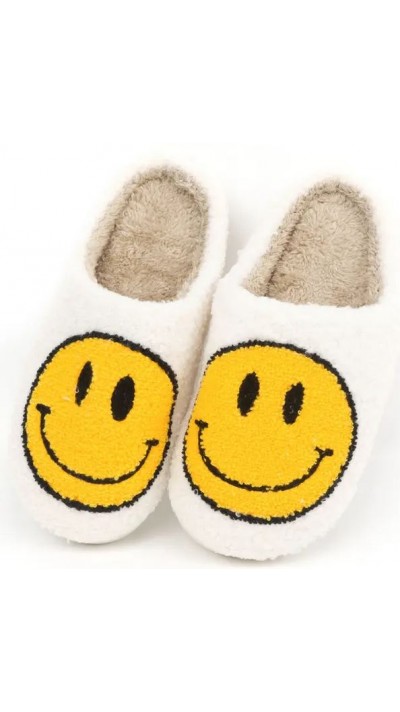 Pantoufles d'hiver douillettes et chaudes Smiley - taille 38-41 - Blanc/jaune