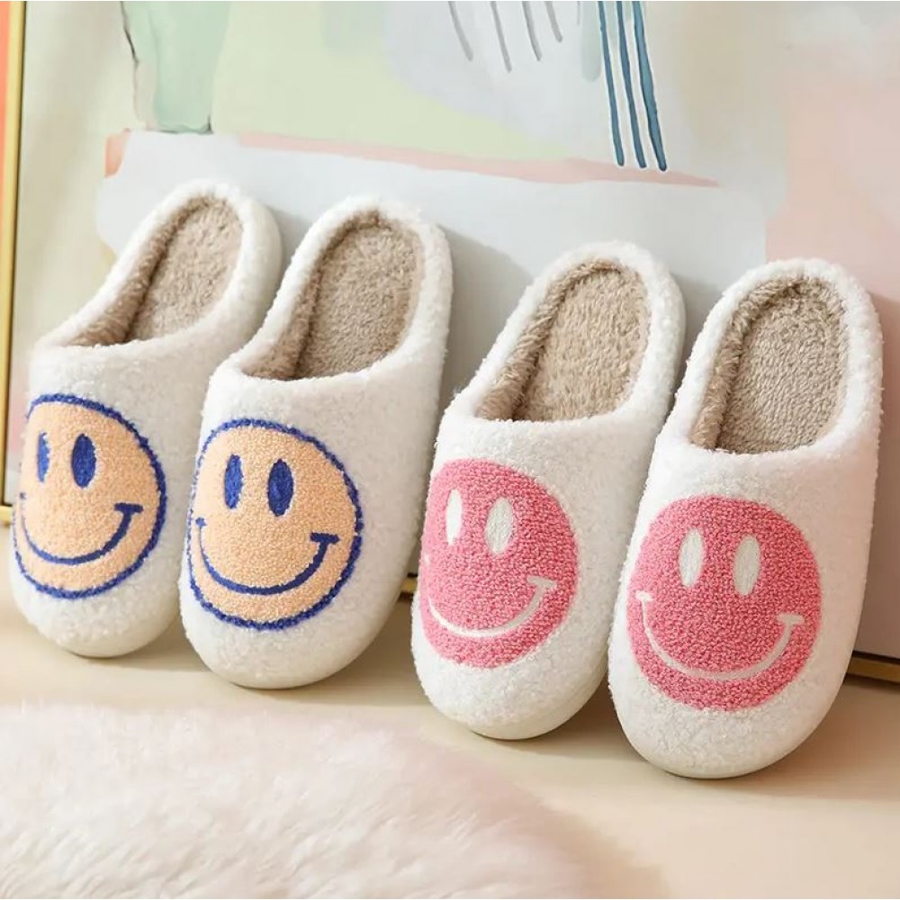 Pantoufles d'hiver douillettes et chaudes Smiley - taille 37-38 - Blanc/jaune