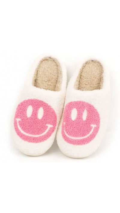 Pantoufles d'hiver douillettes et chaudes Smiley - taille 37-38 - Blanc/rose