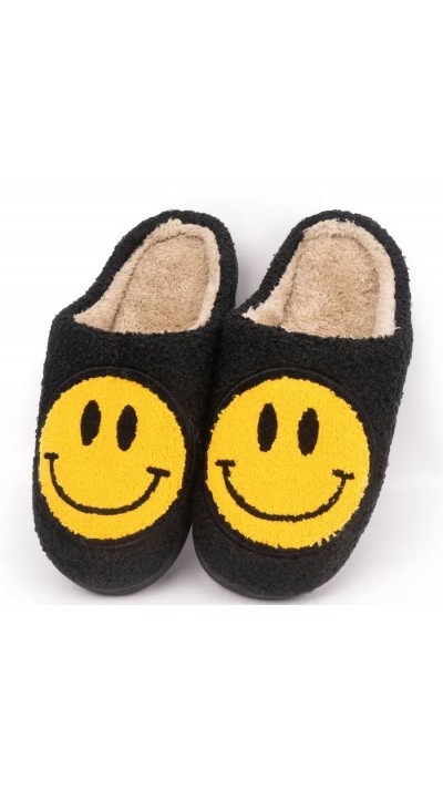 Pantoufles d'hiver douillettes et chaudes Smiley - taille 38-41 - Noir/jaune