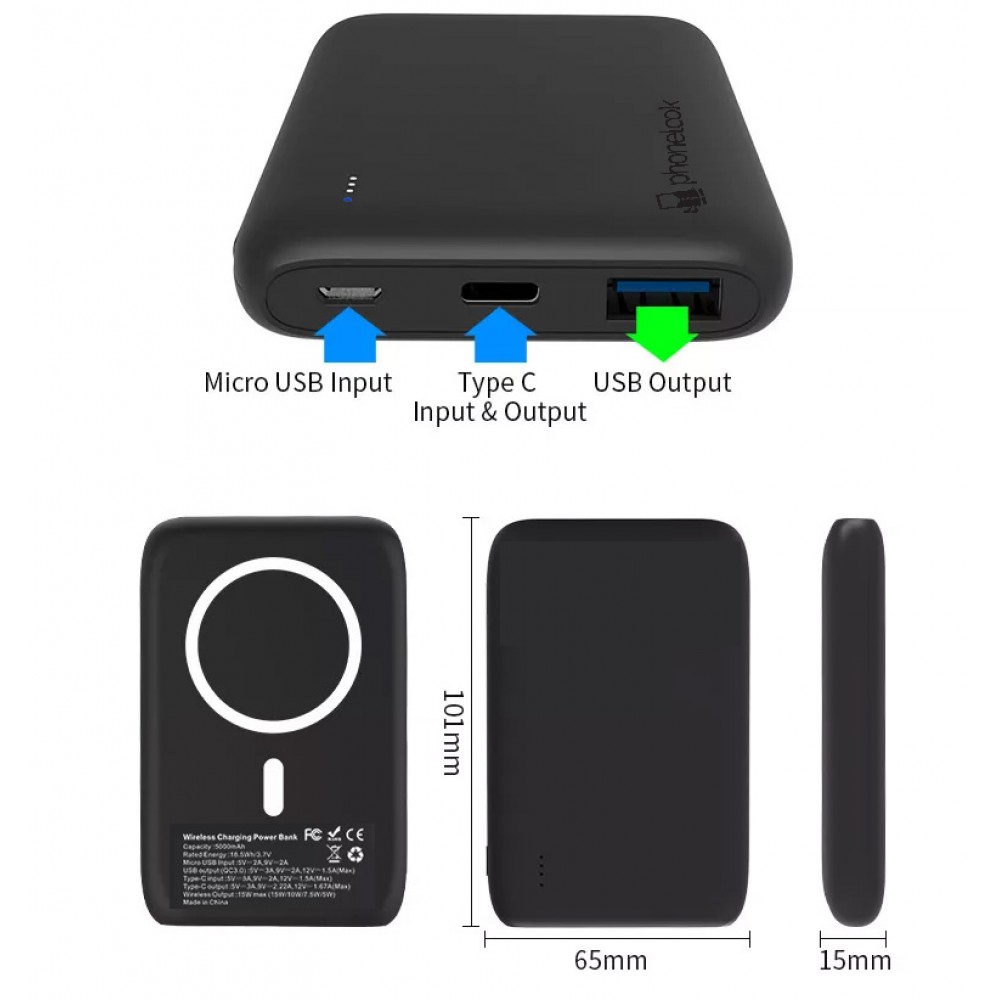 Batterie externe MagSafe Qi 15W Power Bank 5000 mAh sans fil PhoneLook -  Noir - Acheter sur PhoneLook