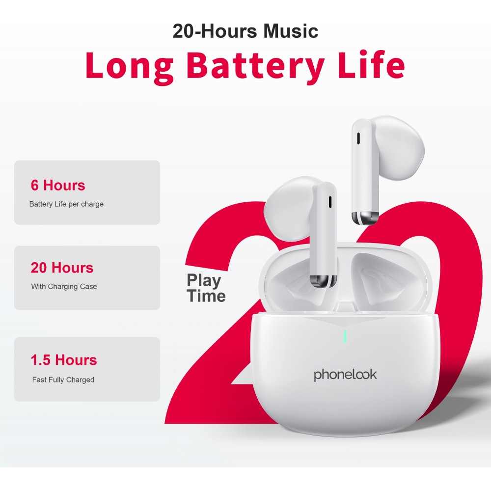 PhoneLook Pods 2 - Ecouteurs Bluetooth 5.3 sans fil TWS In-Ear ENC + boîte de chargement - Blanc