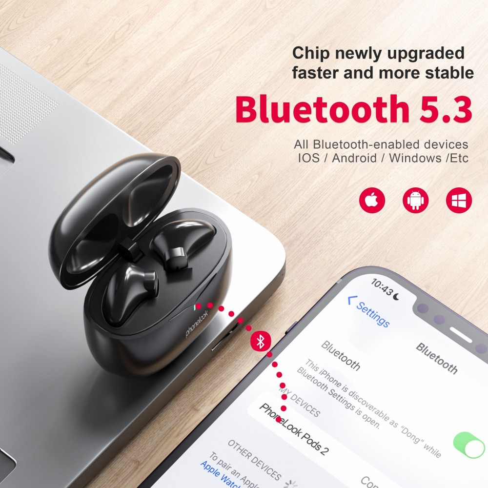 PhoneLook Pods 2 - Ecouteurs Bluetooth 5.3 sans fil TWS In-Ear ENC + boîte de chargement - Noir
