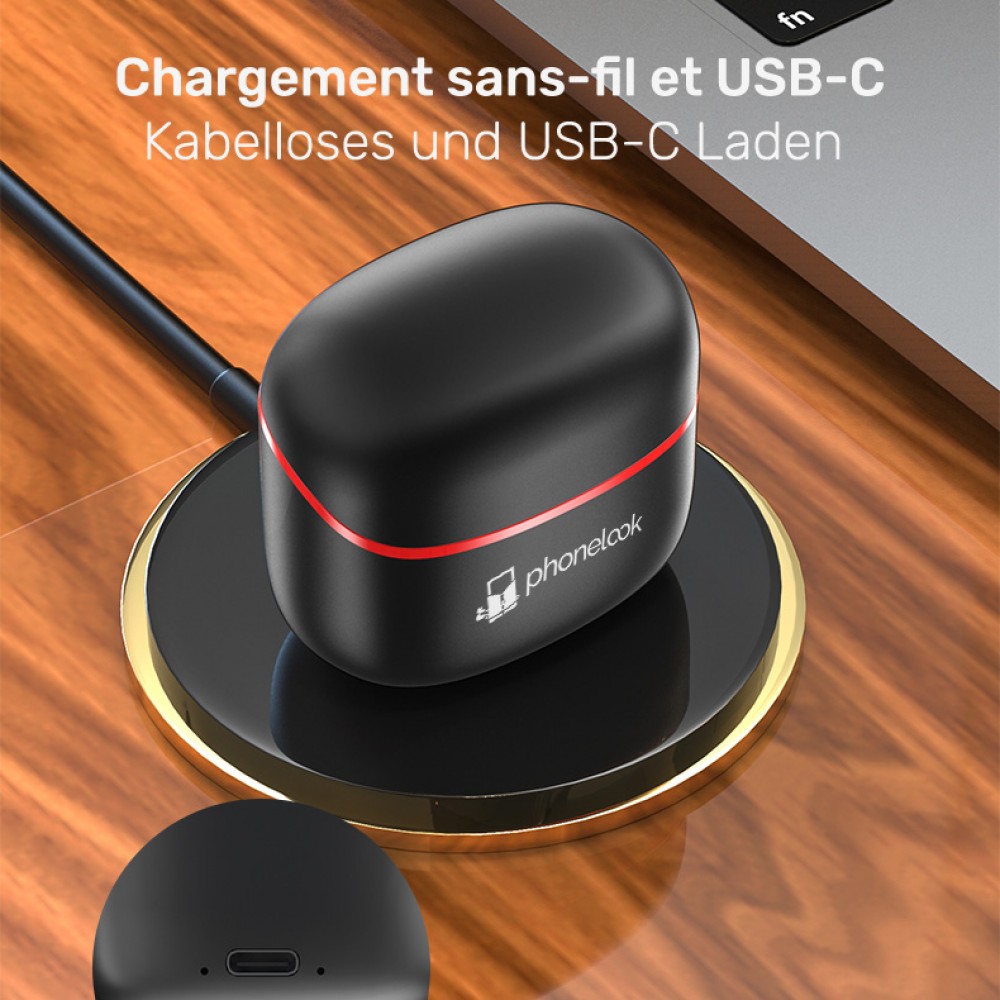 PhoneLook Pods "In-Ear" - In-Ear-Kopfhörer Bluetooth 5.0 mit integriertem Mikrofon + wireless Lade-Etui + Silikonspitzen - Schwarz