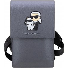 Pochette universelle/sacoche Karl Lagerfeld en similicuir avec logo de Karl et Choupette en relief, lanière réglable et porte-cartes intégrés - Gris argenté