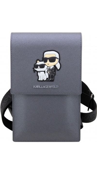 Pochette universelle/sacoche Karl Lagerfeld en similicuir avec logo de Karl et Choupette en relief, lanière réglable et porte-cartes intégrés - Gris argenté