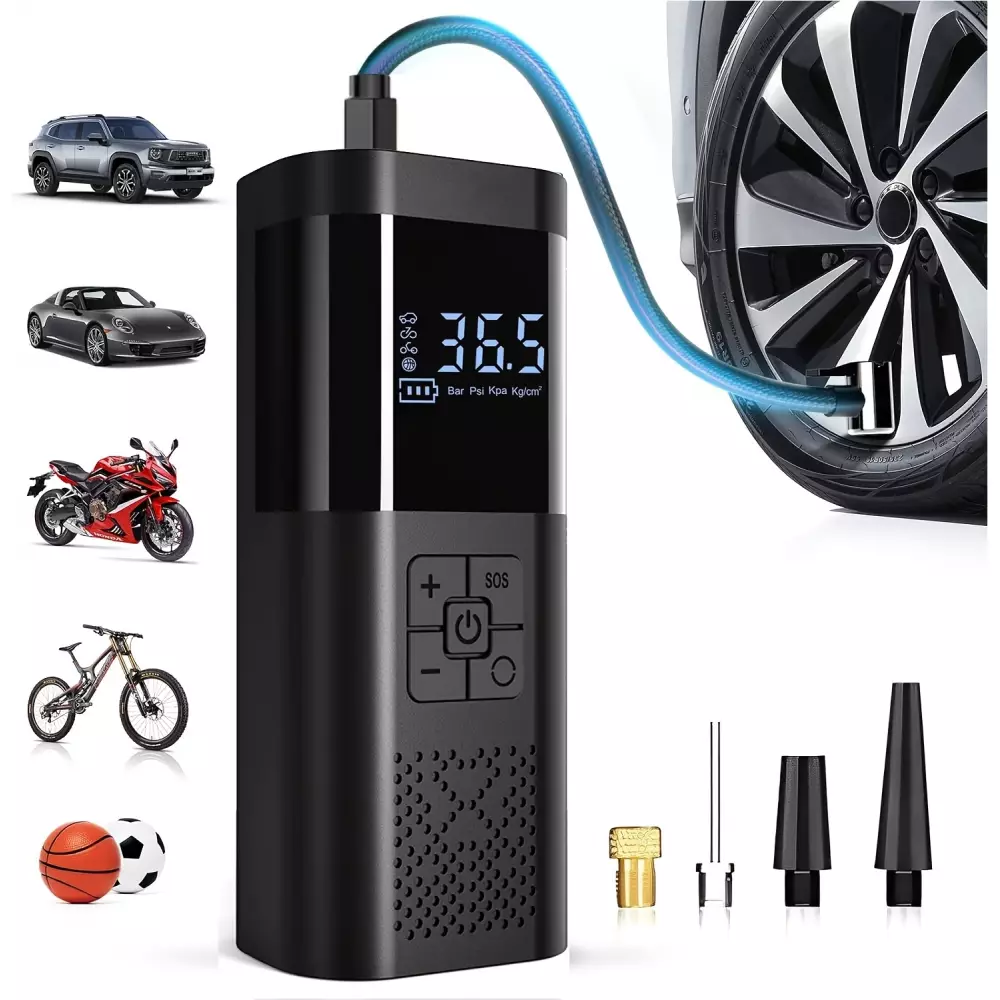 Pompe &agrave; pneus portable 150PSI avec manom&egrave;tre LED et recharge rapide sans fil pour voiture moto v&eacute;lo