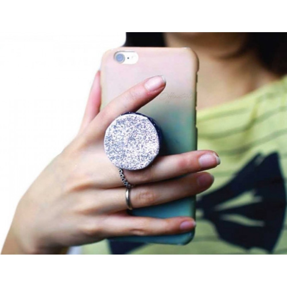 Pop Socket 3D Glitzer - Austauschbare Finger & Einhand Halterung für Smartphone / Tablets - Silber