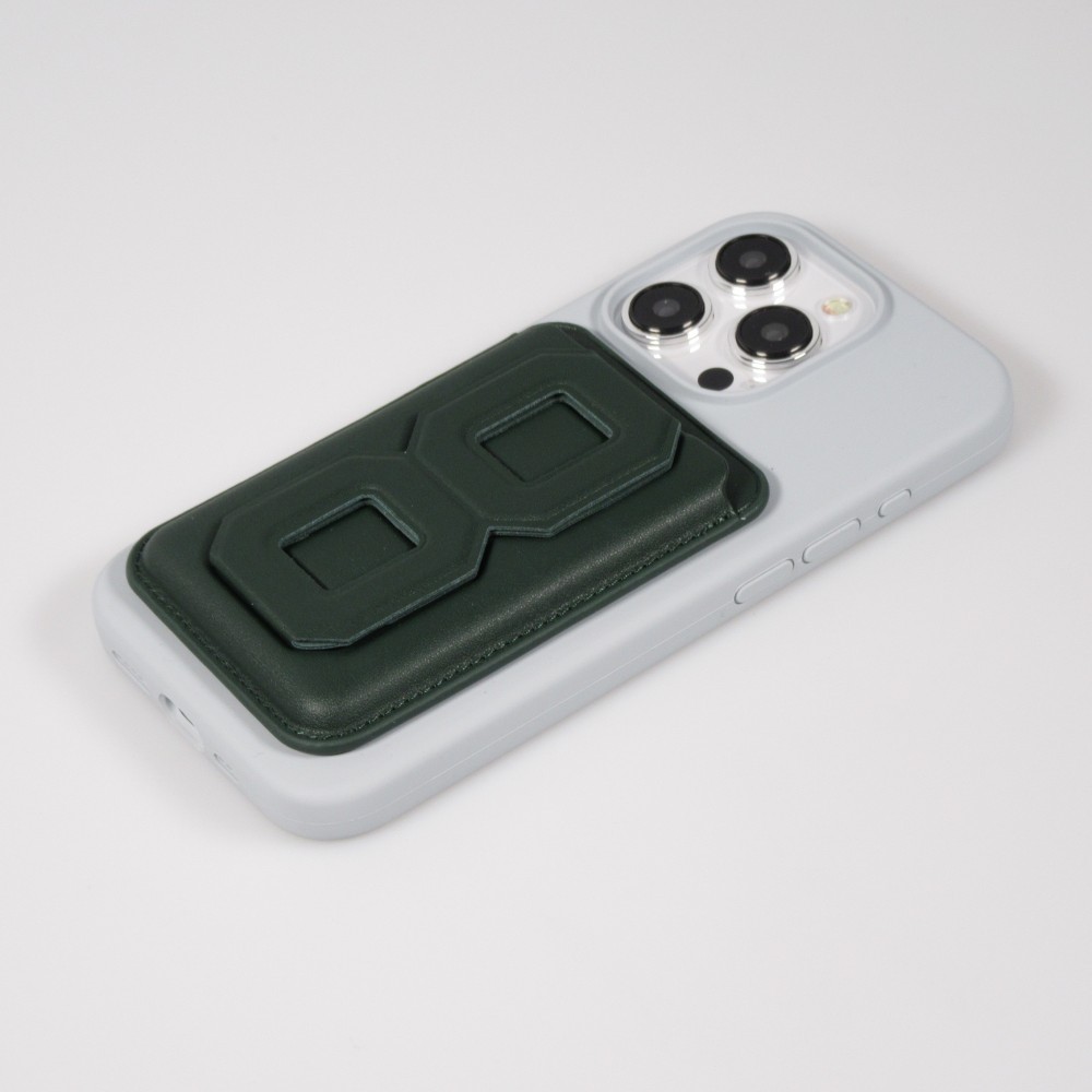Porte-cartes magnétique wallet MagSafe cuir végan avec aimant fort et support pliable intégré - Vert foncé