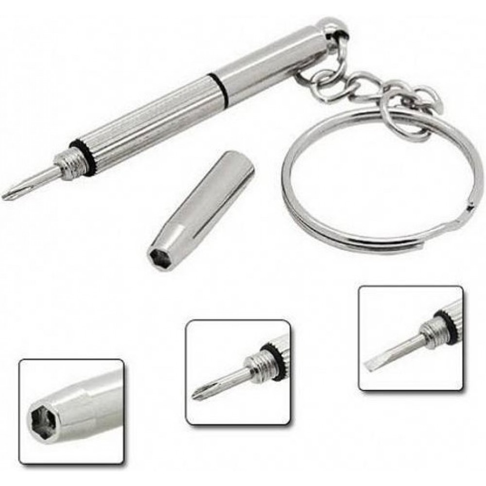 Multifunktions 2 in 1 Schlüsselanhänger aus Aluminium mit Flachkopf- und Kreuzschlitz Schraubendreher (1 Stk) - Silber