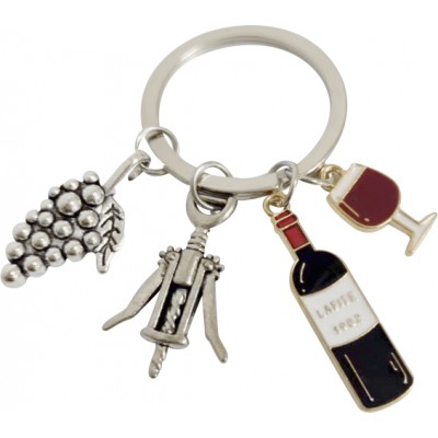 Schlüsselanhänger aus Metall Anhänger Flasche Weinglas und Weintraube - Silber