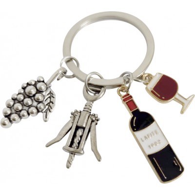 Porte-clés pendentif métallique bouteille verre de vin et grappe de raisin - Argent