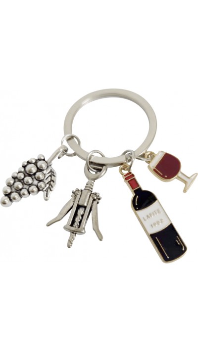 Porte-clés pendentif métallique bouteille verre de vin et grappe de raisin - Argent