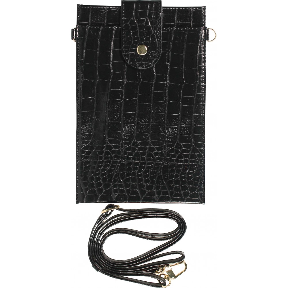 Portefeuille elégante universel pour smartphone luxueux en look cuir de crocodile avec lanière de cou - Noir