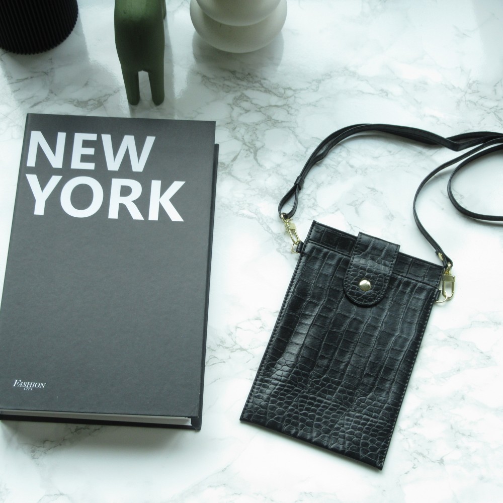 Portefeuille elégante universel pour smartphone luxueux en look cuir de crocodile avec lanière de cou - Noir