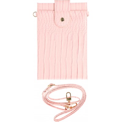 Portefeuille el&eacute;gante universel pour smartphone luxueux en look cuir de crocodile avec lani&egrave;re de cou - Rose