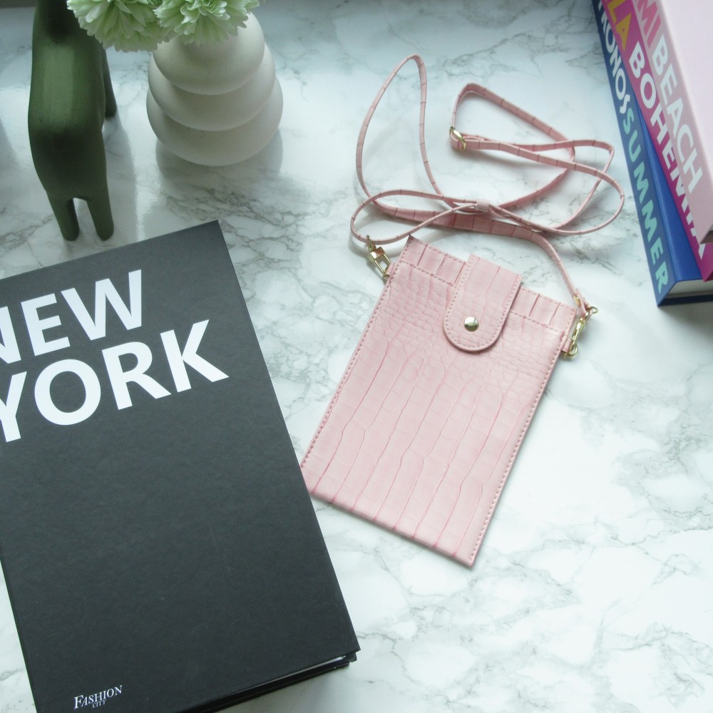 Portefeuille elégante universel pour smartphone luxueux en look cuir de crocodile avec lanière de cou - Rose